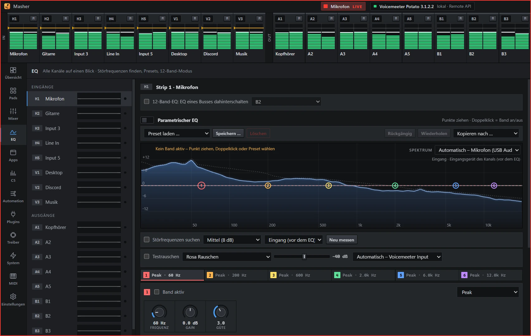 EQ-Seite: links jeder Kanal mit Kurvenminiatur, rechts der Editor.