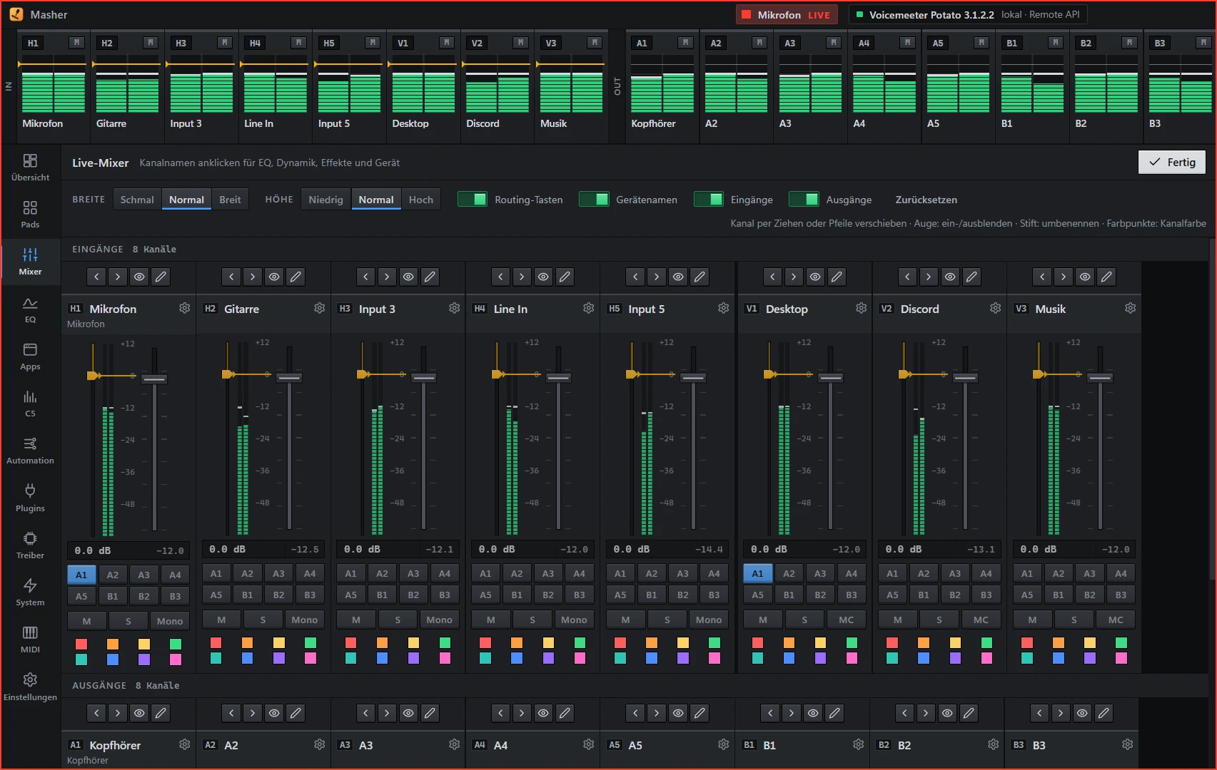 Mixer im Anpassen-Modus: Reihenfolge, Sichtbarkeit, Namen, Farben und Größen.