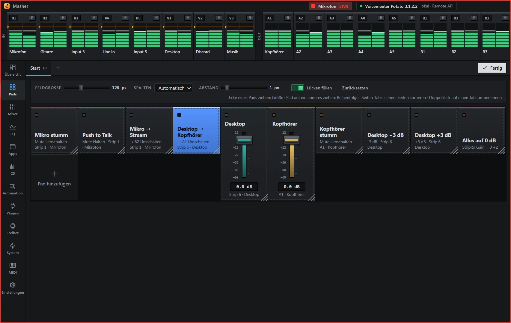Pads im Bearbeitungsmodus mit Layout-Leiste.