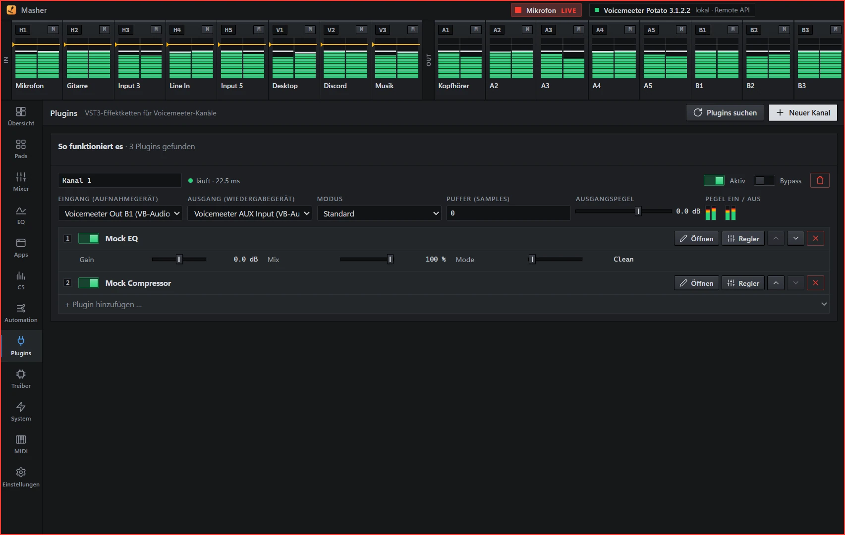 Plugins-Seite mit einem Kanal und zwei Plugins.